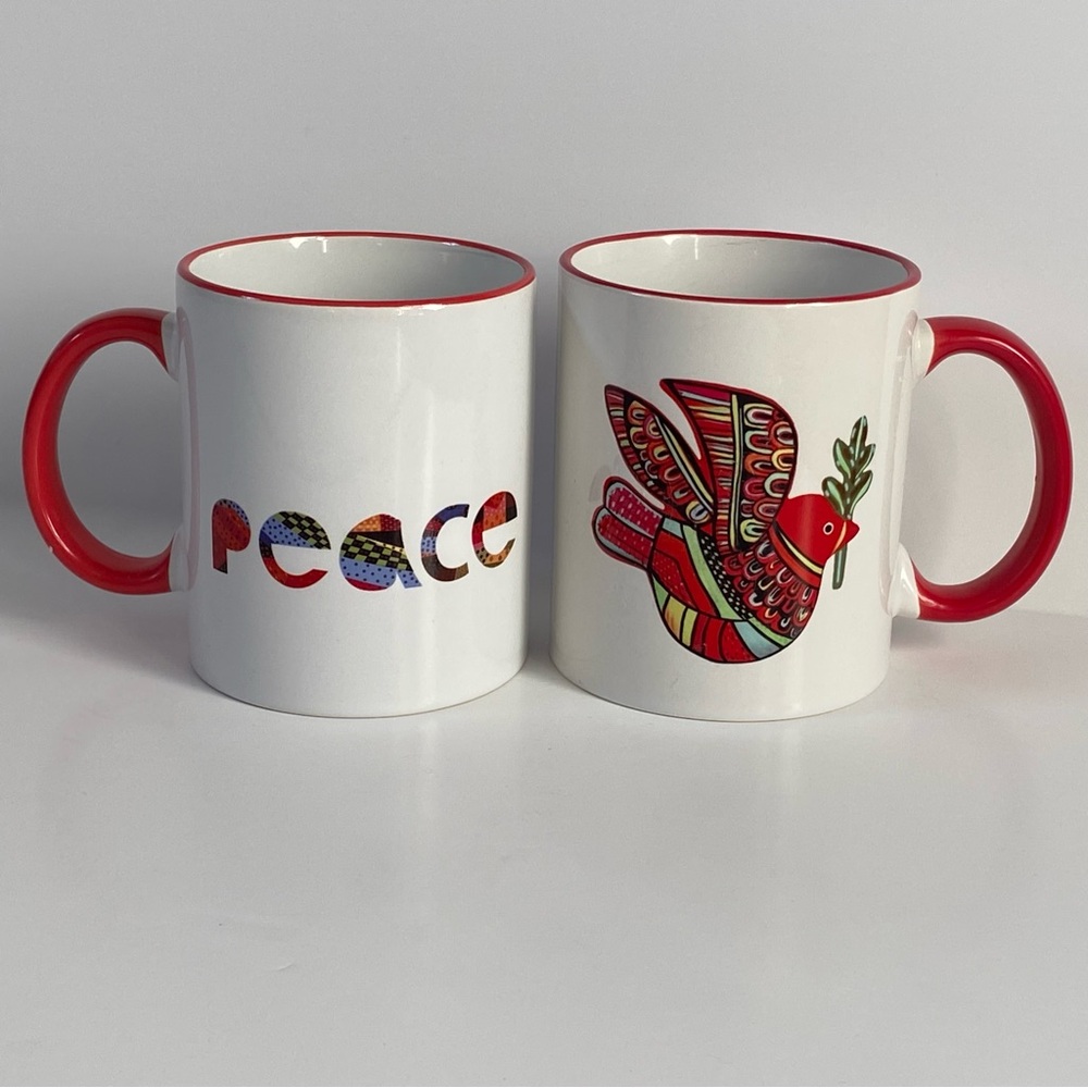 Novica Mugs Mexico New Peace Doves Birds Set Of 2 Ceramic White Red Collection